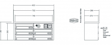 RENZ Briefkastenanlage Aufputz, Tetro, Kastenformat 370x110x270mm, mit Klingel - & Lichttaster und Vorbereitung Gegensprechanlage, 5-teilig